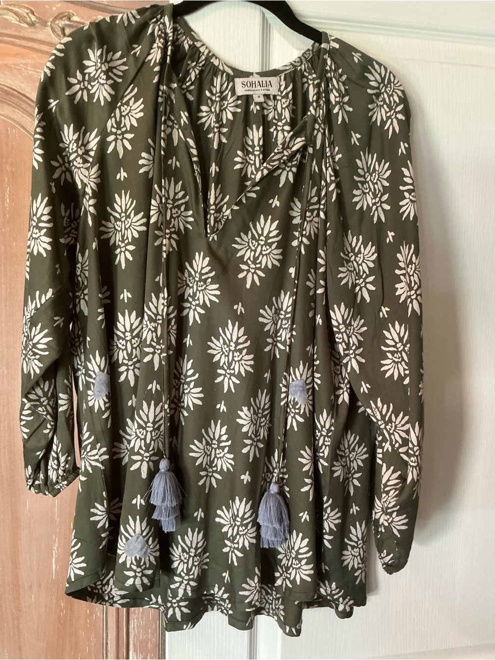 Sohalia (aka Omika) Army Green Floral with Blue Tassels Top